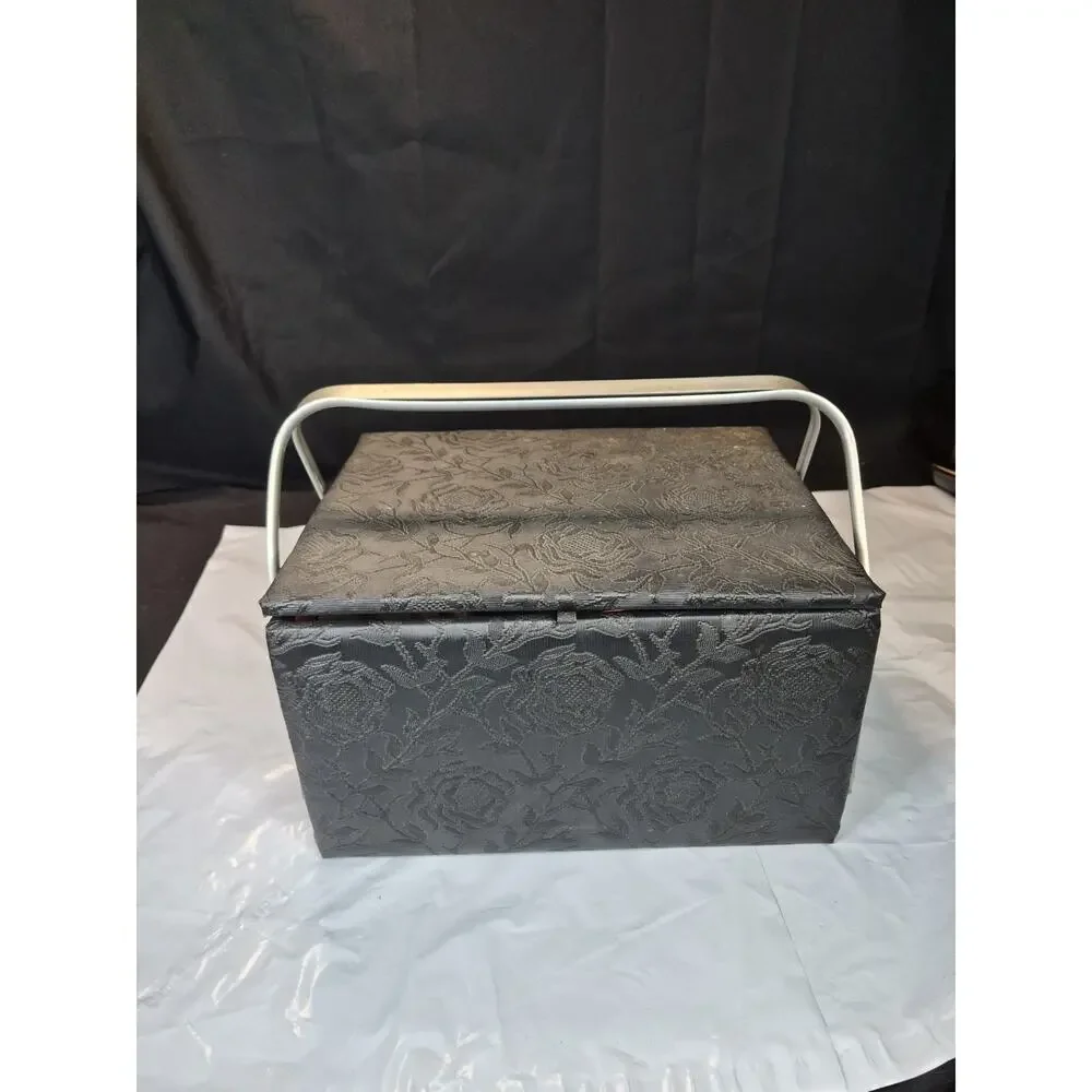 Black Flower Print Sewing Box Storage With Removable Top Tray & Pin Cushion